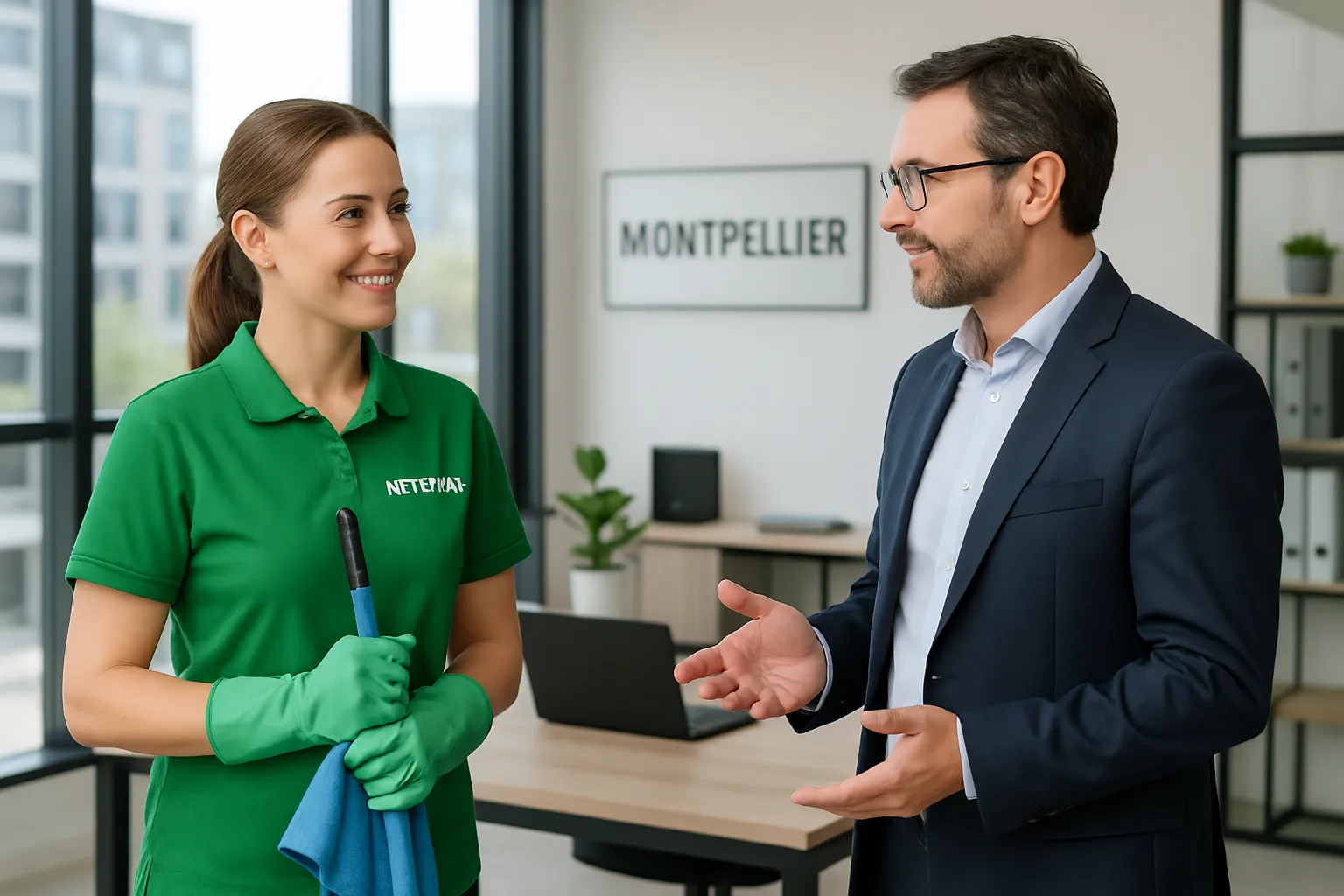 Un professionnel du nettoyage discutant avec un client.