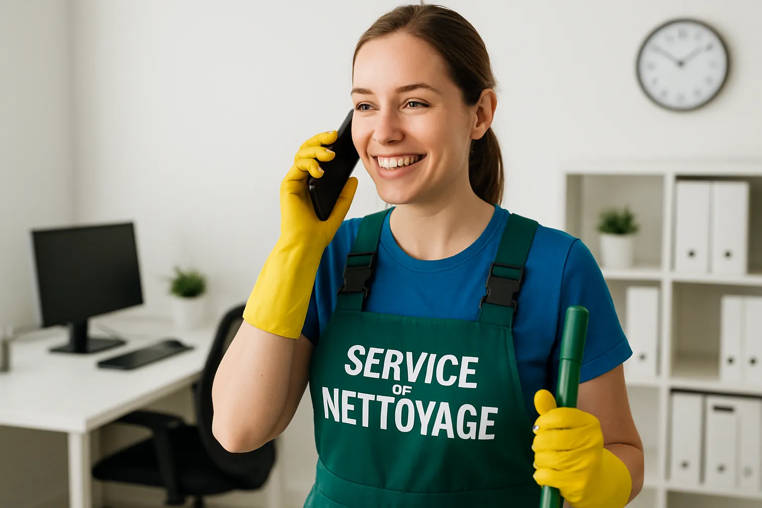 Un prestataire de nettoyage répondant à un appel téléphonique.