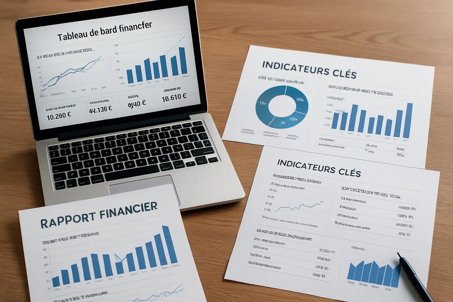 Des tableaux de bord financiers sur un bureau.